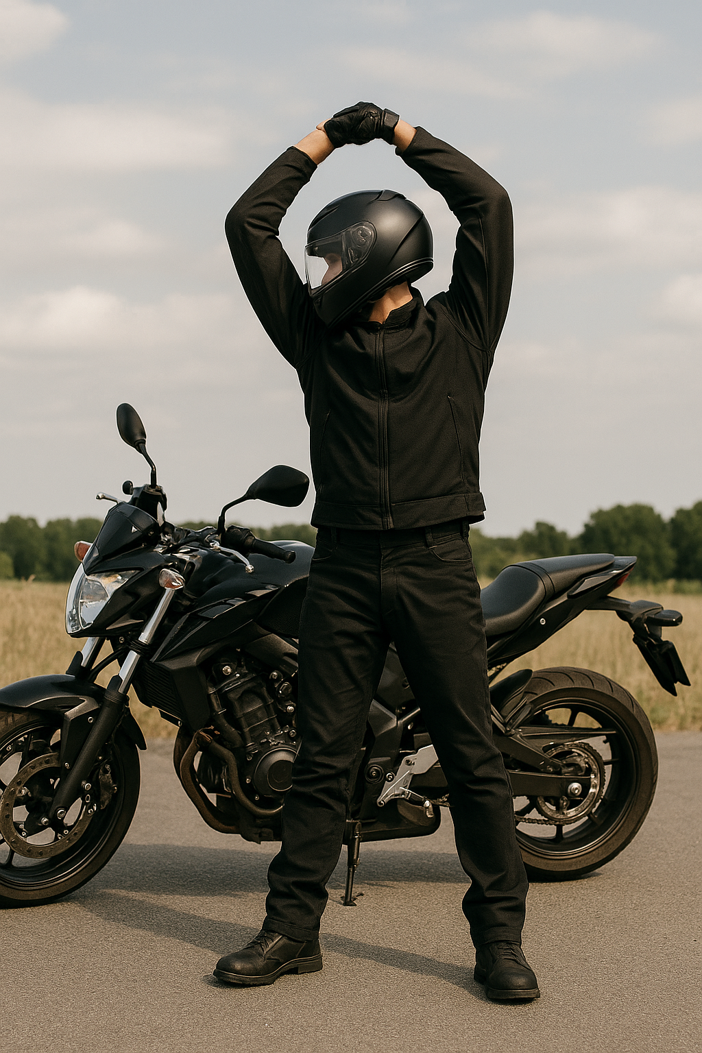 주행 후 스트레칭 하는 오토바이 라이더