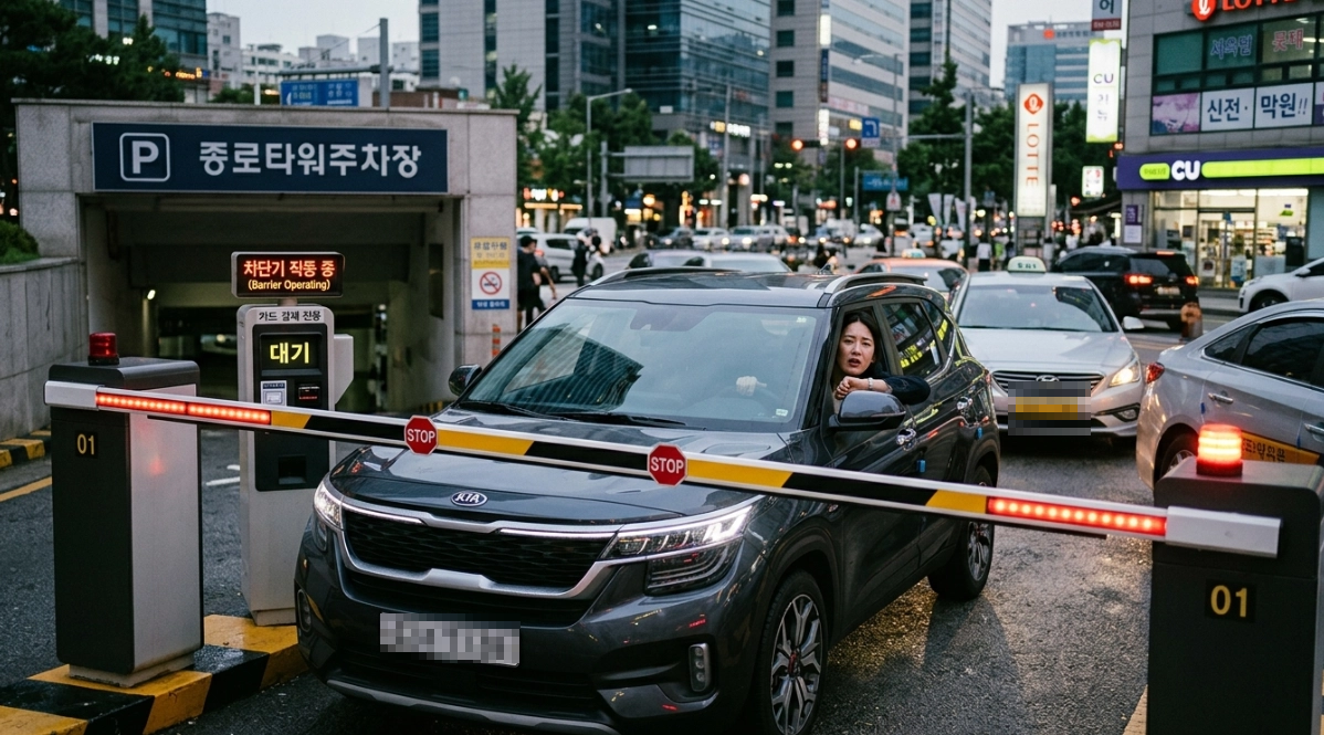 주차장 입구 차단기가 내려가 있고, 당황한 운전자가 차 안에서 번호판을 확인하거나 시계를 보는 모습
