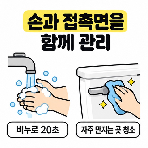 비누로 20초 손 씻기와 천으로 변기 물 내림 손잡이를 닦는 모습을 나란히 보여주는 위생 관리 이미지