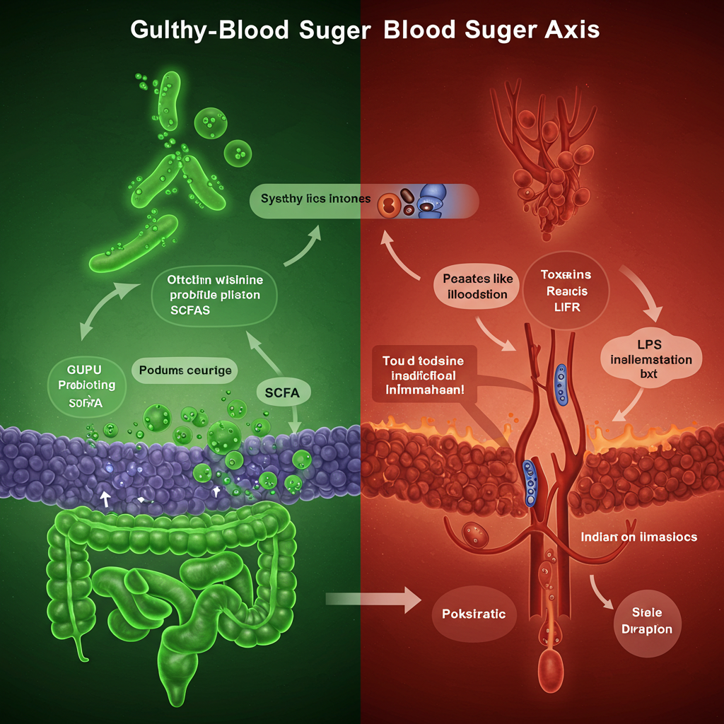 건강한 장과 손상된 장의 차이를 보여주는 과학적 시각화 이미지. 유익균이 혈당 안정 물질을 만드는 과정과 유해균이 염증 독소를 유발하는 과정을 비교.