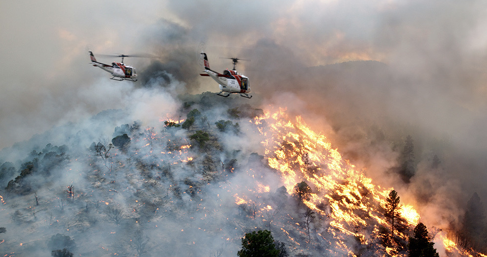 영화 온리 더 브레이브 중 거대 산불을 끄기 위해 헬기 두대가 산에 접근하는 모습.