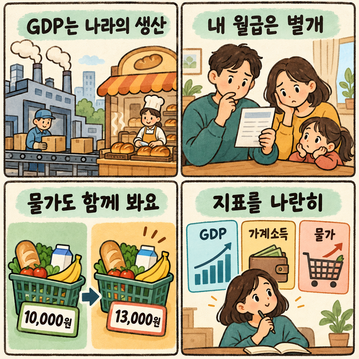 4컷 만화: GDP는 나라의 생산, 내 월급은 별개, 장바구니 물가도 확인, GDP&middot;가계소득&middot;물가를 나란히 읽는 방법을 설명합니다.