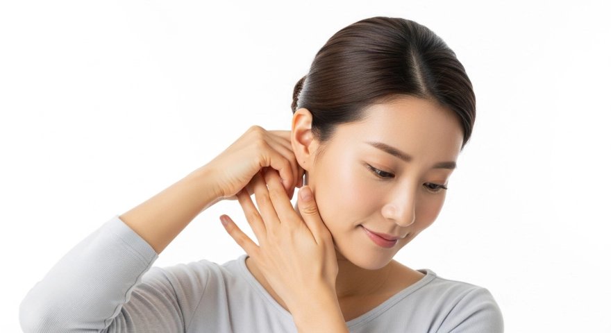 귀 주변 근육을 마사지하는 30대 여성