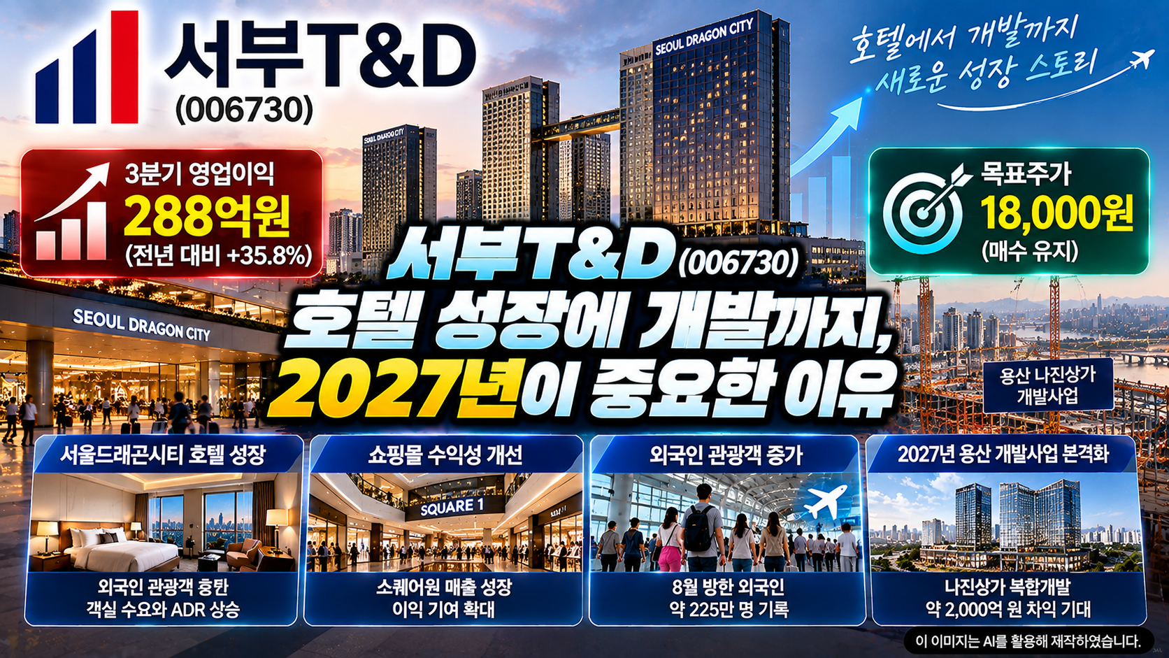 서부T&D(006730) 기업분석, 서울드래곤시티 호텔 성장과 외국인 관광객 증가, 2026년 3분기 영업이익 288억원 전망, 용산 나진상가 복합개발사업의 2027년 성장 기대 및 목표주가 18,000원 분석