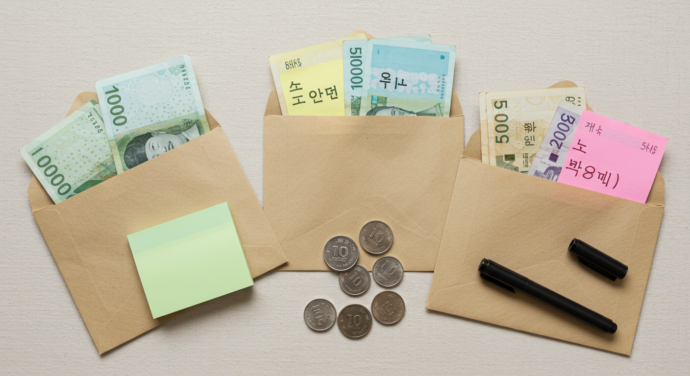 저축 목표 노트와 동전 저금통, 계산기 앱이 열린 스마트폰이 놓인 미니멀 데스크 평면샷