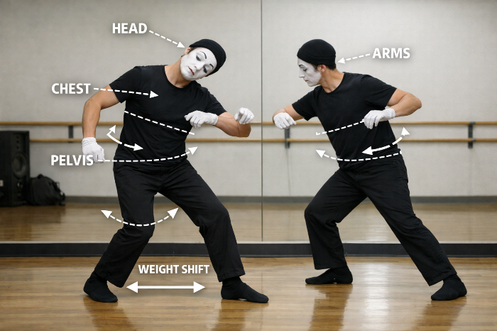 리허설 공간에서 몸의 분절과 균형 이동을 훈련하는 마임 배우