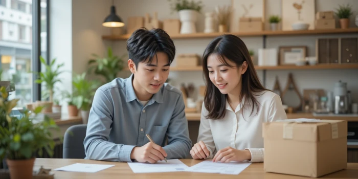 배송비를 계산하며 상담 중인 부부 소상공인의 모습