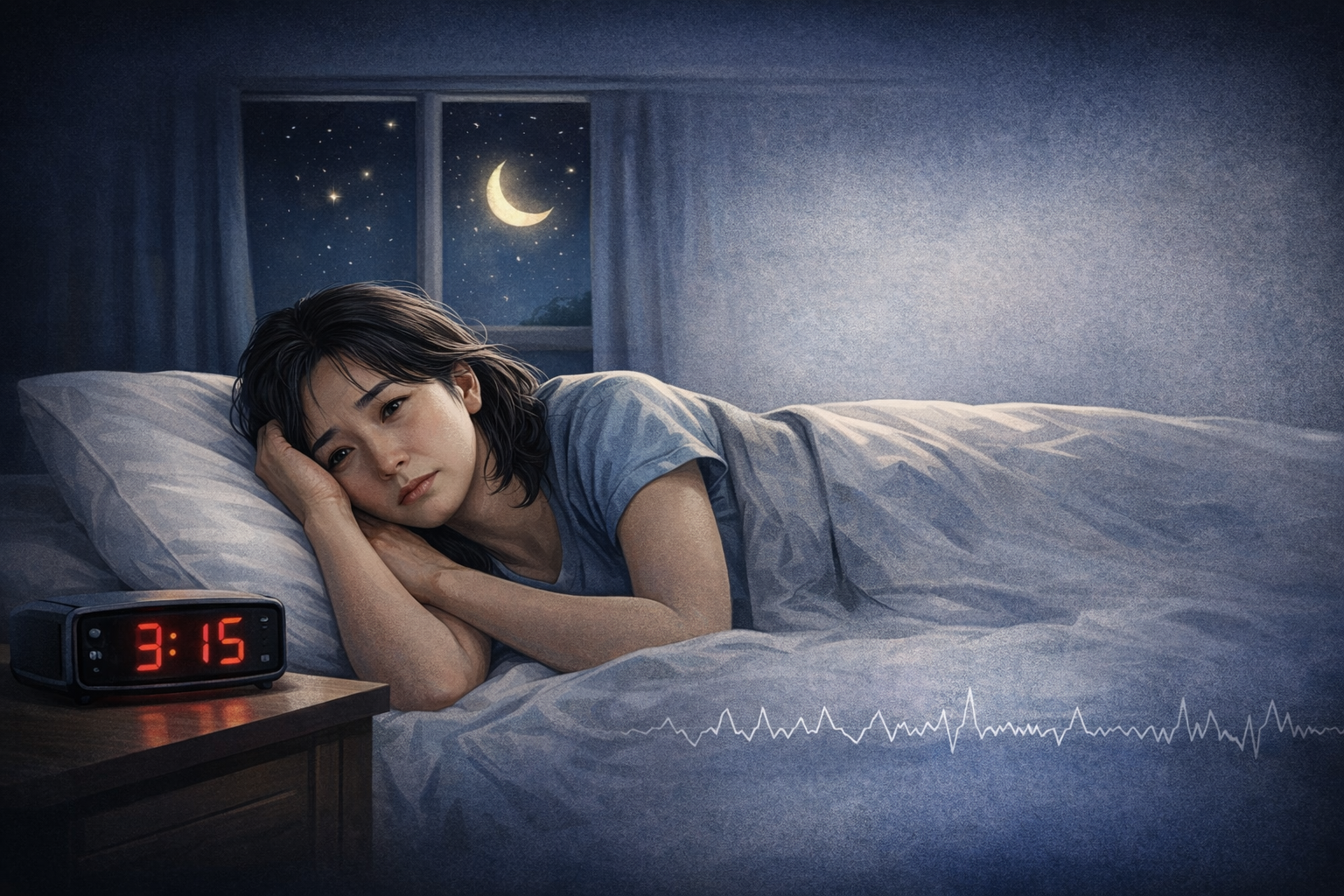 불면증으로 새벾까지 잠을 못 자고 있는 모습