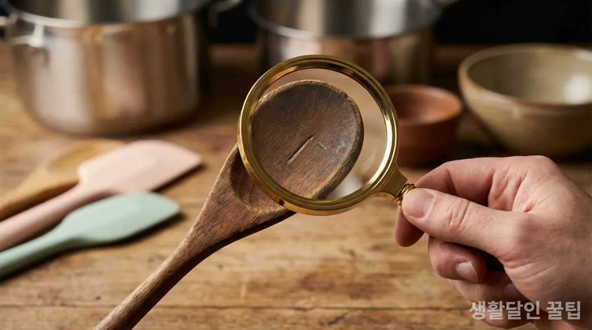 주방용품의 재질과 마감을 돋보기로 확인하는 모습