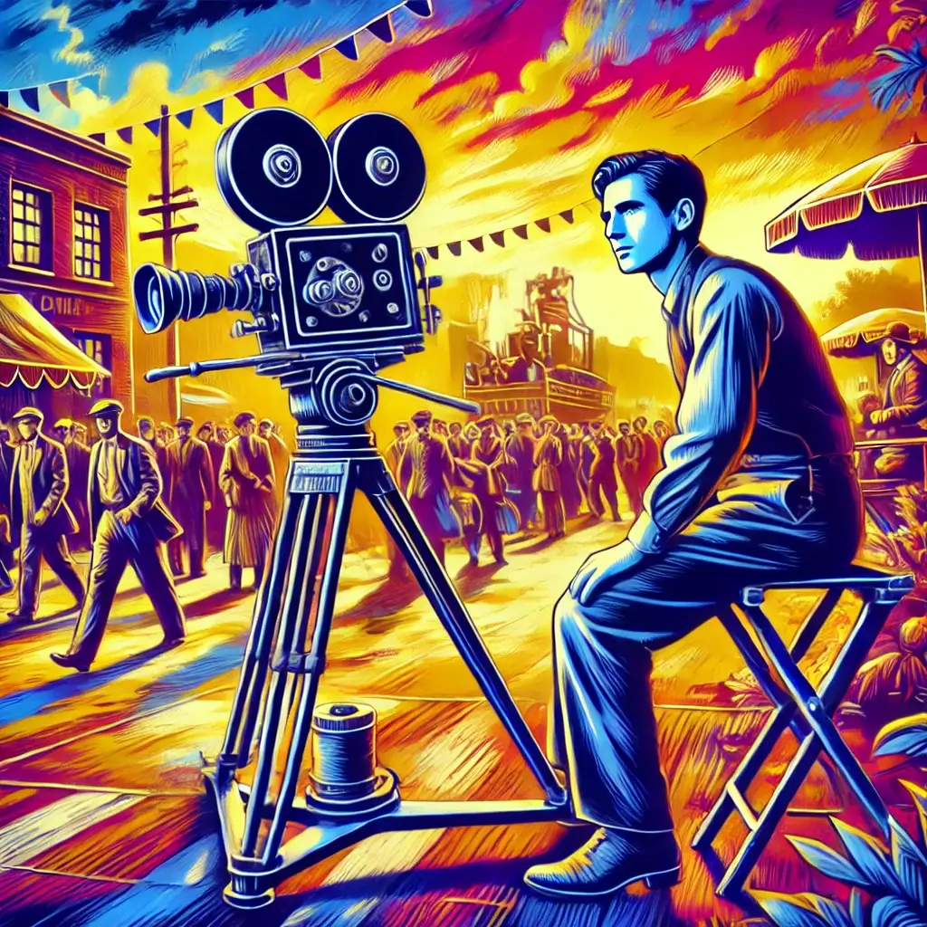 스탠릭 큐브릭 감독의 촬영장면을 만화 그림체로 재해석한 사진 감독이 옛날 영화 카메라를 지켜보고 있고 배경은 영화세트장으로 사람들과 옛날 건물들이 보인다.