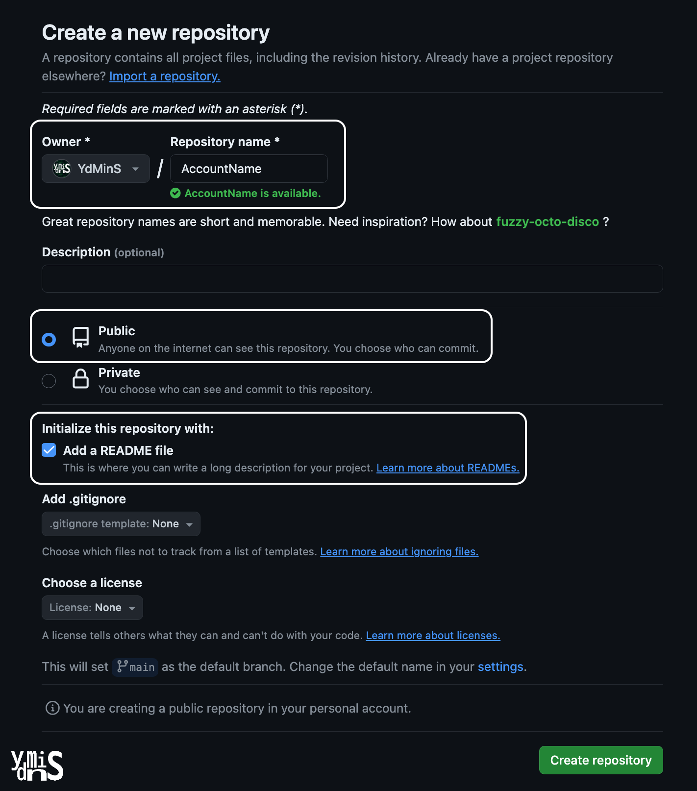 새로운 레포지토리를 만드는 페이지이다. 레포지토리 이름, public, readme file이 강조돼 있다.