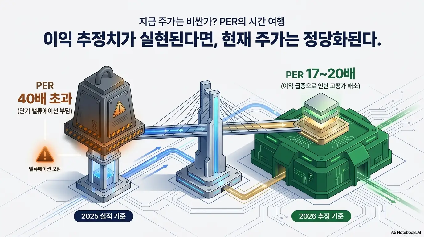 대체 텍스트: 두 건물을 다리로 잇는 이미지로 하나마이크론의 밸류에이션 변화를 표현했다. 2025년 실적 기준 PER 40배 초과의 부담이&amp;#44; 이익이 급증하는 2026년 추정 기준 PER 17~20배로 낮아지며 고평가 부담이 해소되는 구조를 보여준다. 하나마이크론 PER과 밸류에이션 논쟁을 설명한다.