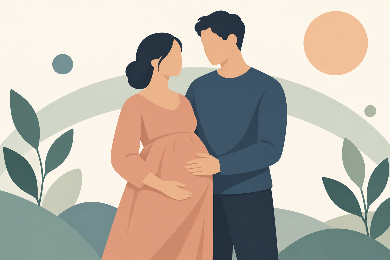 임신한 배우자의 배에 손을 얹은 남성과 나란히 서 있는 두 사람을 그린 일러스트