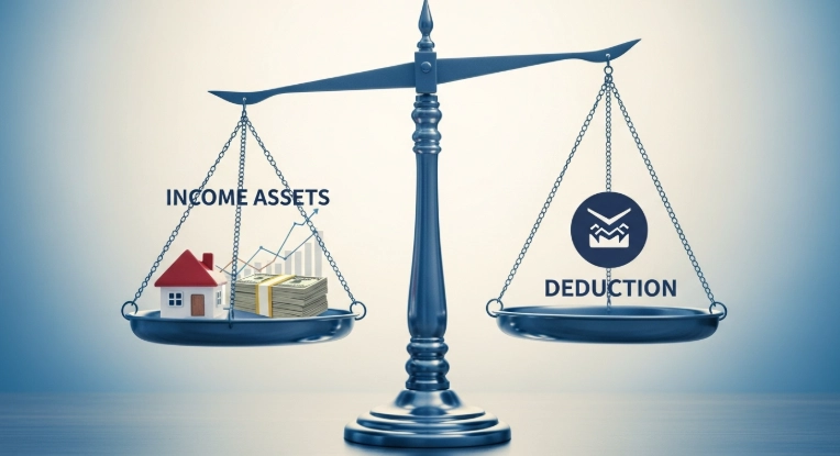 주택, 현금, 그래프 등 다양한 자산 요소와 공제 아이콘이 균형을 이루는 저울. 2026년 장애인 연금 소득인정액 산정 기준의 복잡하고 미묘한 변화를 시각화합니다.