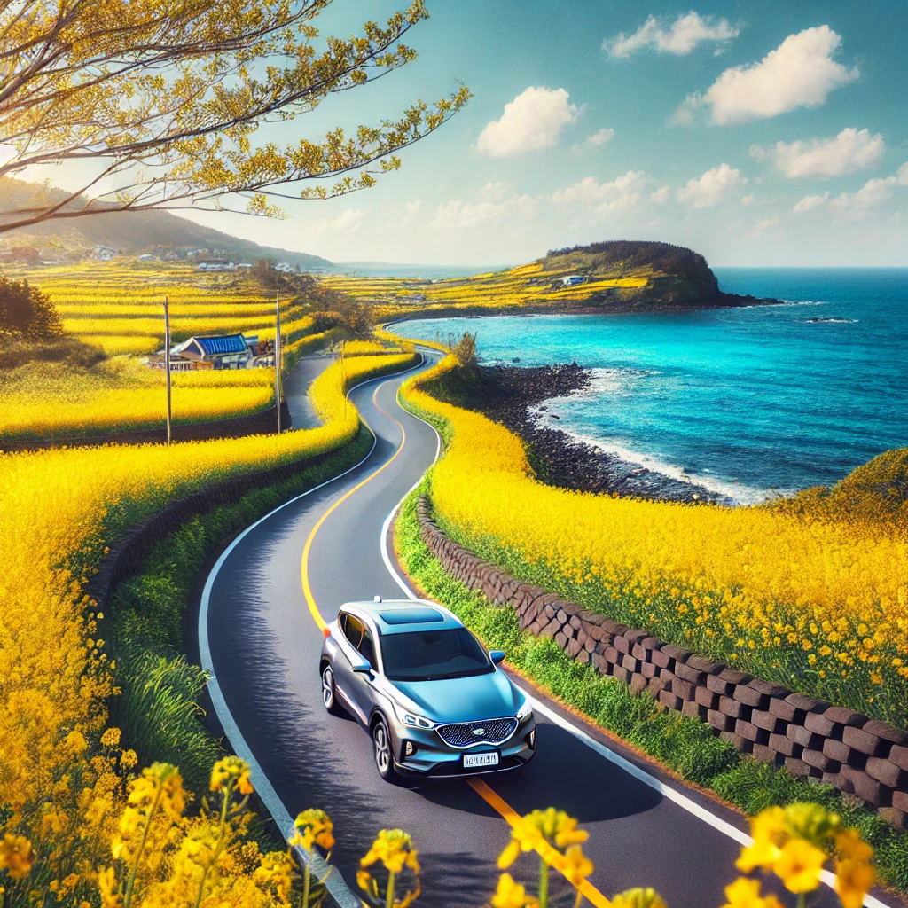 제주도의 해안도로를 따라 드라이브하는 차량, 푸른 하늘과 유채꽃이 어우러진 풍경