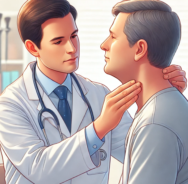 갑상선 검진을 하고 있는 환자와 의사의 모습을 그린 일러스트