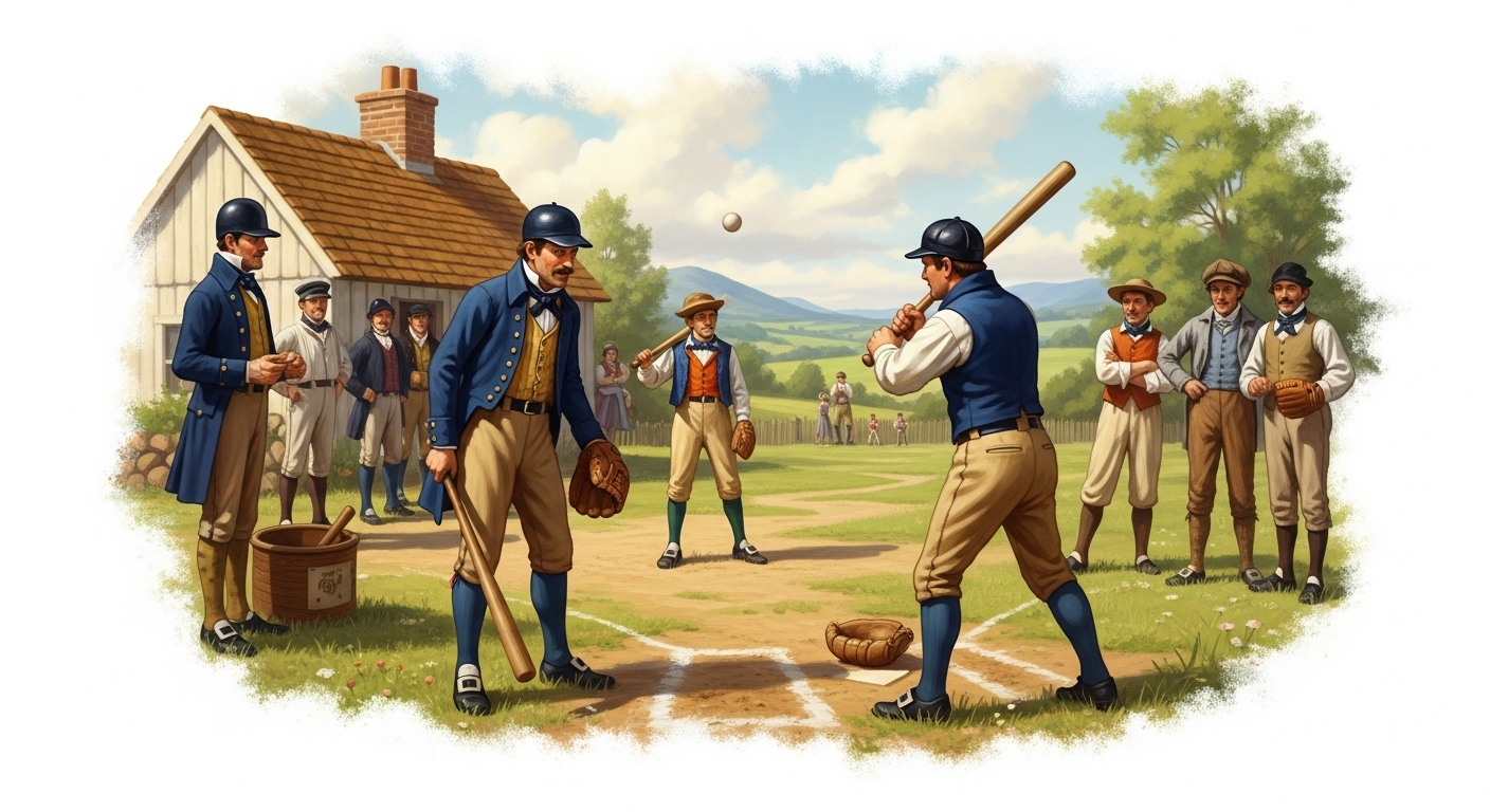 19세기 중반, 시골 풍경 속에서 빈티지 의상을 입은 사람들이 초기 야구를 즐기는 모습. 베이스볼의 기원을 묘사한 향수 어린 삽화.