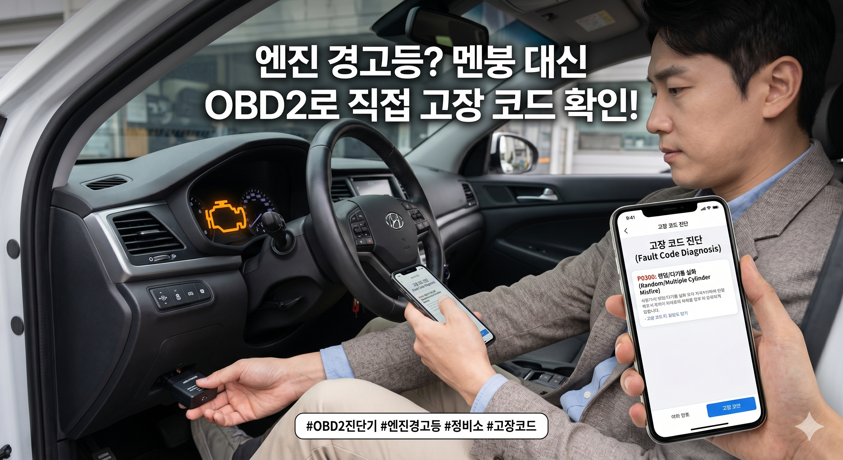 엔진 경고등 원인 직접 확인하는 방법. OBD2 진단기로 고장 코드 읽기, 코드 삭제와 수리의 차이, 주행 일지 자동 기록까지. 정비소 가기 전 꼭 알아야 할 내용입니다.