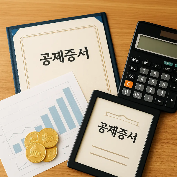 공제증서와 금화, 계산기, 재무 그래프 등이 나무 테이블 위에 정돈된 장면, 내일채움공제의 재정적 요소를 상징, 텍스트 없음