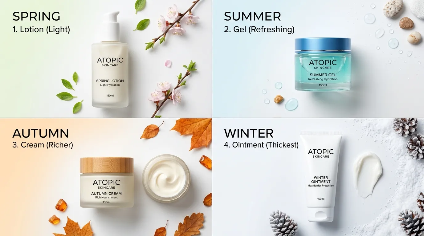 봄 여름 가을 겨울 4계절 보습제 제형을 비교한 나열 사진