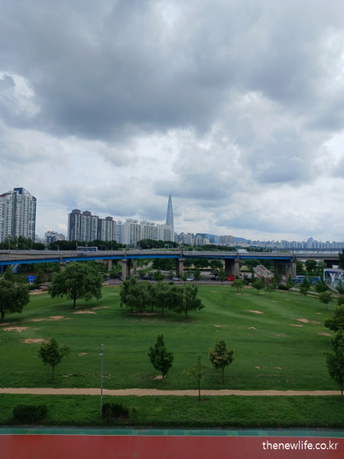 서울 맨발 걷기 좋은 장소 &ndash; 광나루 한강공원의 낮 시간 전경, 잔디밭과 도심 풍경이 어우러진 모습