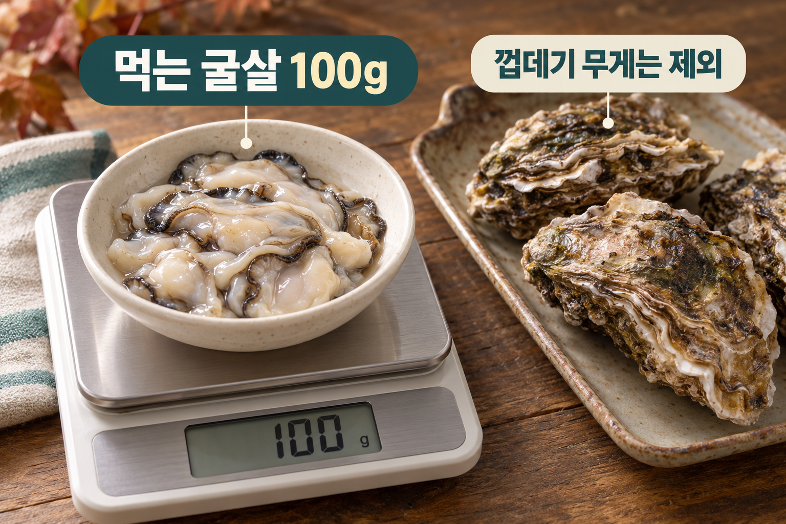 껍데기를 제외한 생굴살 100g과 별도로 놓인 석화.