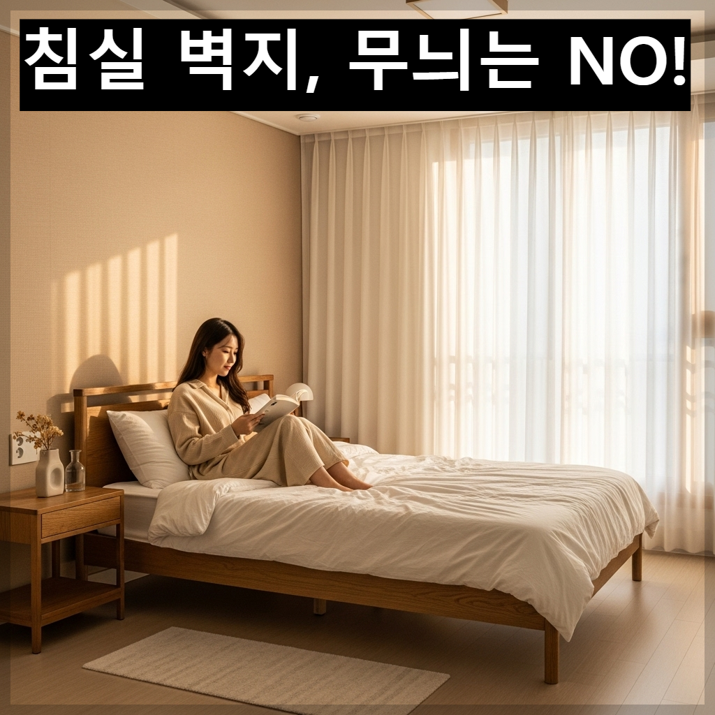 한국식 아파트 침실에 무늬 없는 차분한 웜그레이 톤의 단색 벽지가 시공되어 있고, 원목 침대와 어우러져 아늑하고 편안한 느낌을 주는 인테리어 사진