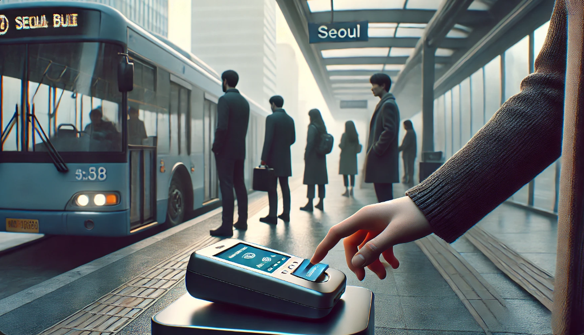 서울 버스 정류장에서의 비접촉식 결제 시스템 사용 이미지