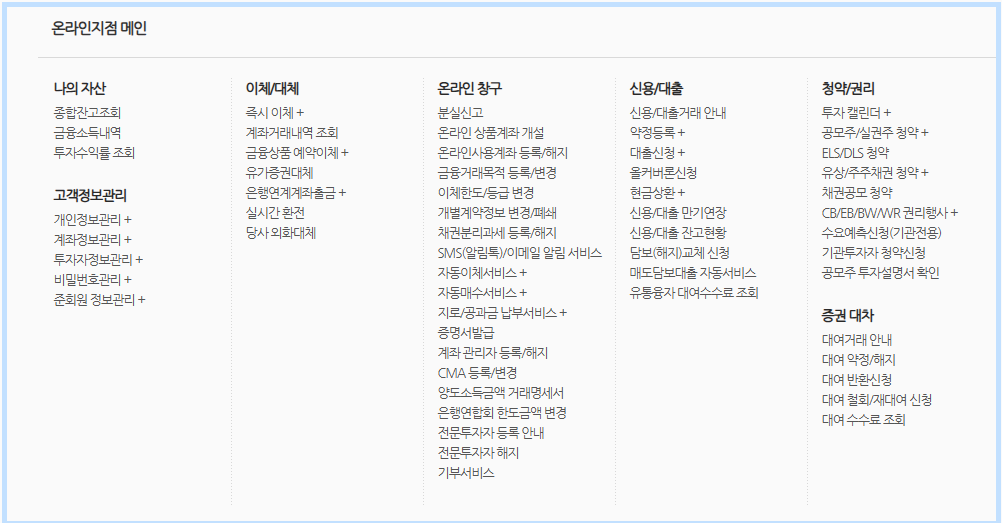 온라인 지점 메인 메뉴 안내