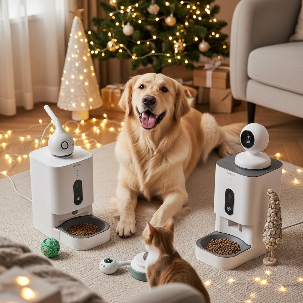 2025년 홀리데이 시즌 거실에서 스마트 급식기와 장난감으로 즐거워하는 골든 리트리버와 고양이