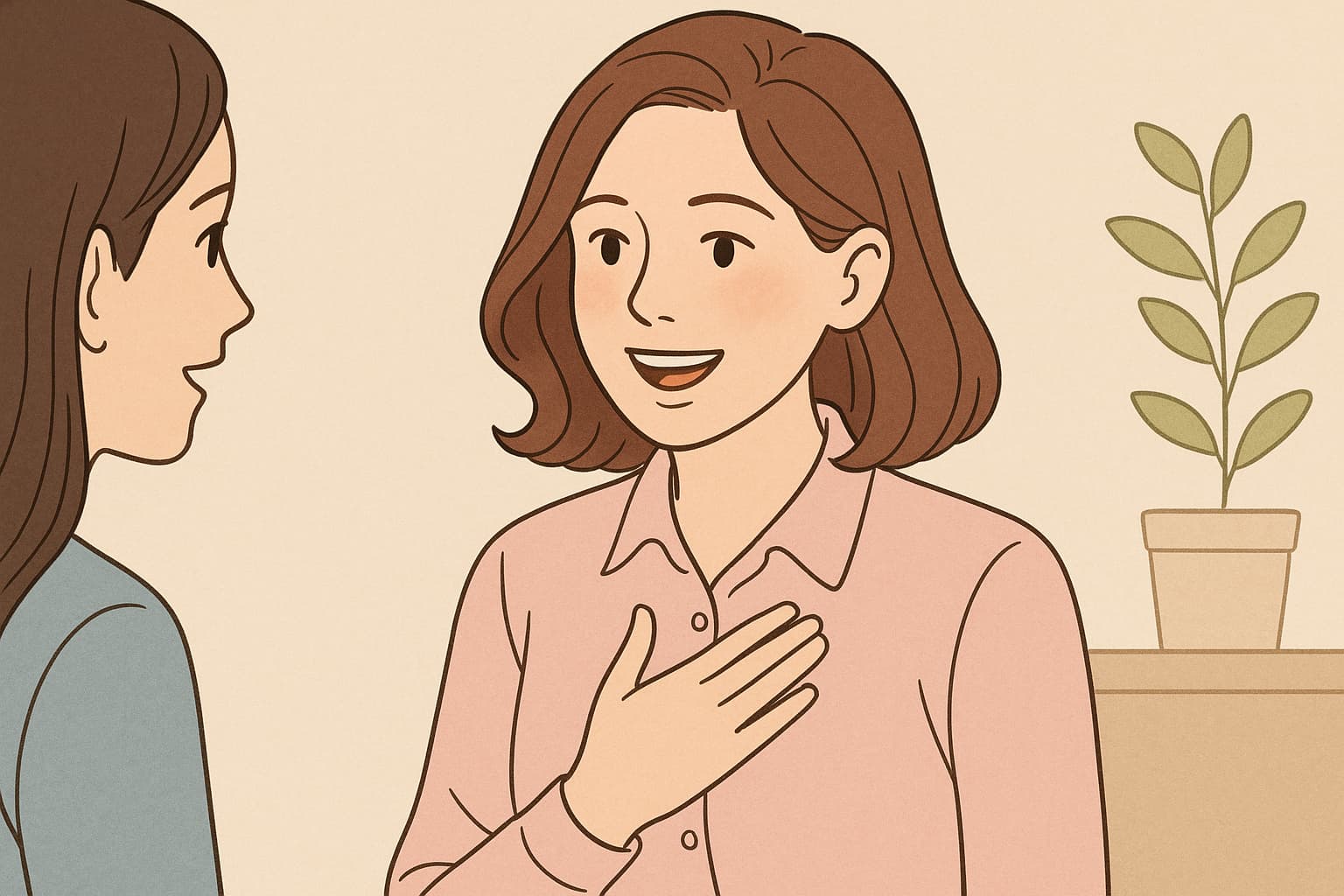 핑크색 셔츠를 입은 ESFJ 성격의 여성이 대화를 나누며 따뜻한 미소를 짓고 있는 모습