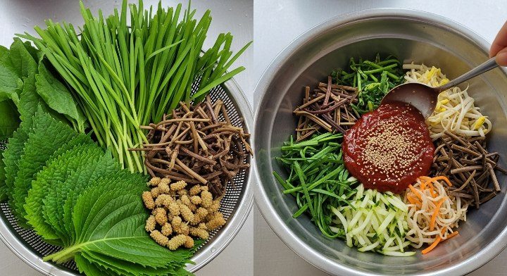 큰 그릇에 다양한 나물들과 고추장, 깨소금이 들어 있는 것을 보니 비빔밥을 만들려고 하는 것 같습니다. 보기만 해도 군침이 돕니다.