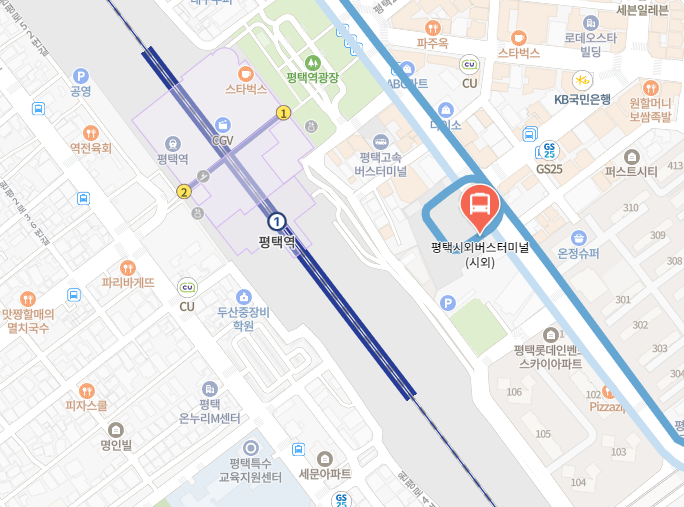 평택시외버스터미널에서 인천공항 리무진 공항버스(8834번) 위치