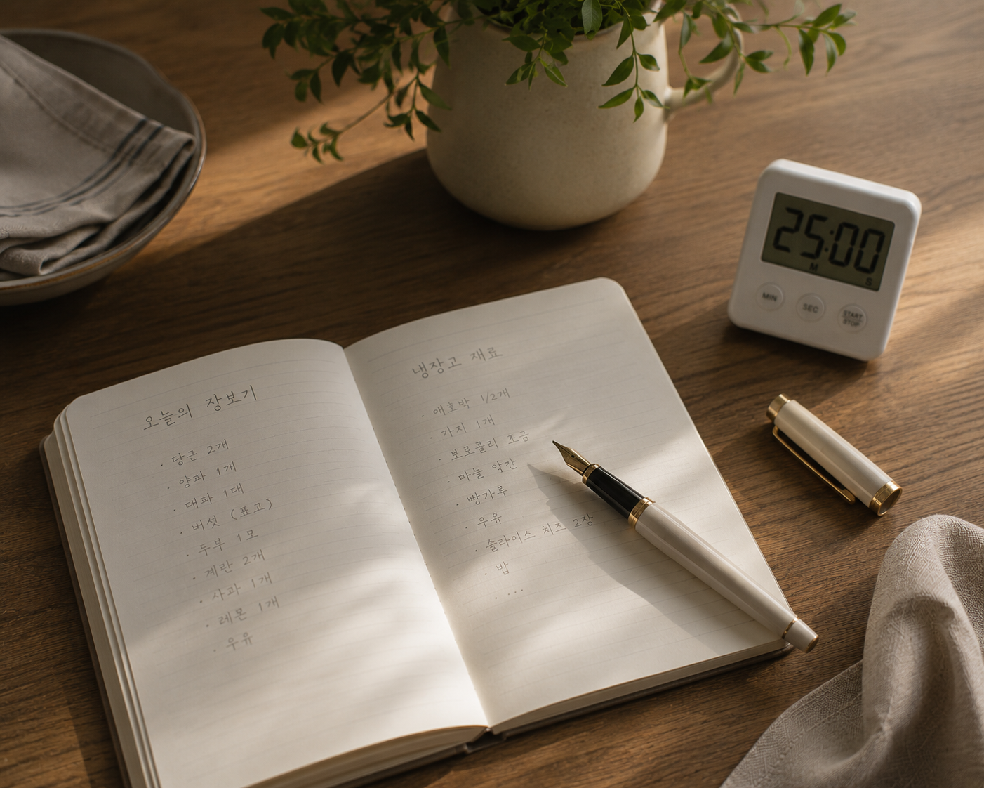 오늘의 장보기 목록과 냉장고 재료가 적힌 노트와 만년필, 옆에 놓인 디지털 타이머가 있는 원목 식탁 위의 기록 풍경