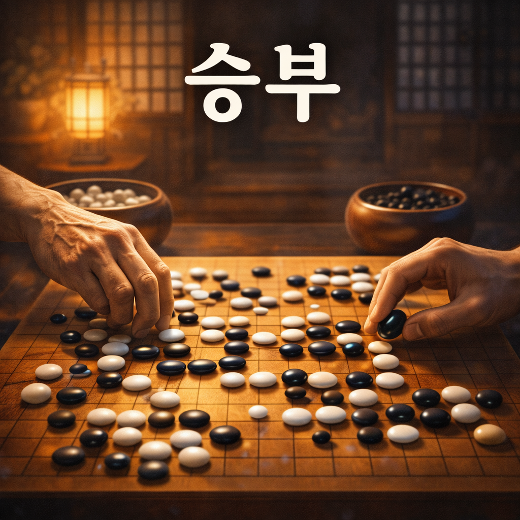 바둑을 두고있는 바둑판 이미지. 영화제목 승부 문구가 삽입되어 있음.