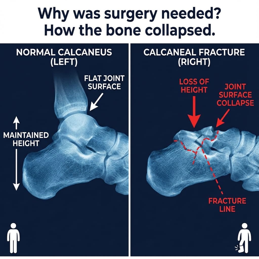 정상 발뒤꿈치뼈와 종골골절로 내려앉은 종골을 비교한 X선 모식도