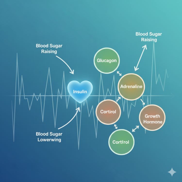 "혈당 조절 호르몬의 불균형한 배치를 보여주는 인포그래픽. 중앙에 심 모양의 인슐린 아이콘 하나가 있고, 반대편에는 글루카곤, 아드레날린, 코르티솔, 성장호르몬 4개의 아이콘이 배치되어 4 대 1의 구도를 형성. 화살표로 혈당 상승과 하강을 표시하며, 배경에는 혈당 그래프 곡선이 있어 역동적인 느낌. 의학적 정확성과 이해하기 쉬운 비주얼이 조화된 블루-그린 톤의 교육용 일러스트"