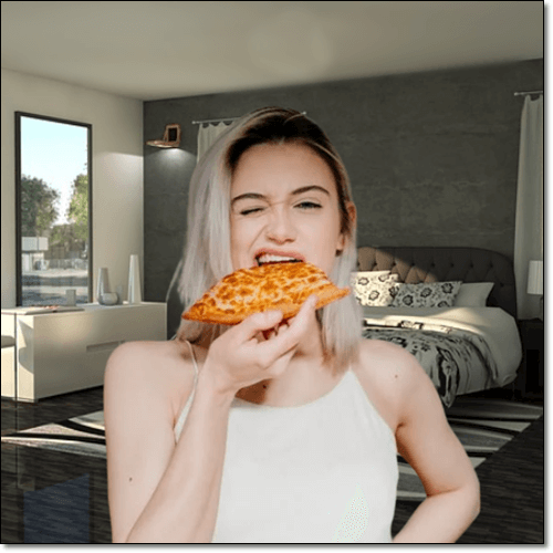 저녁에 피자 먹는 여성