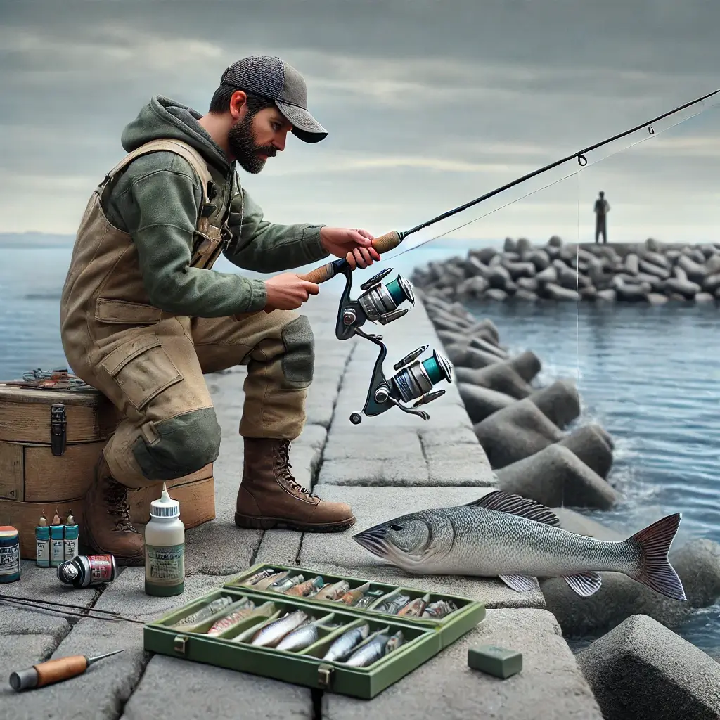 방파제에서 농어 루어낚시 채비를 하고 있는 남자의 모습