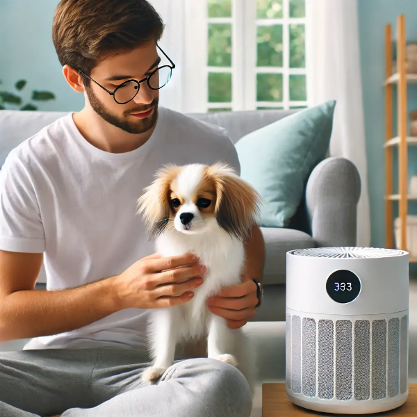 밝은 거실에서 반려견 피부 상태를 확인하며 반려동물용 공기청정기를 사용하는 젊은 남성의 초고해상도 사진
