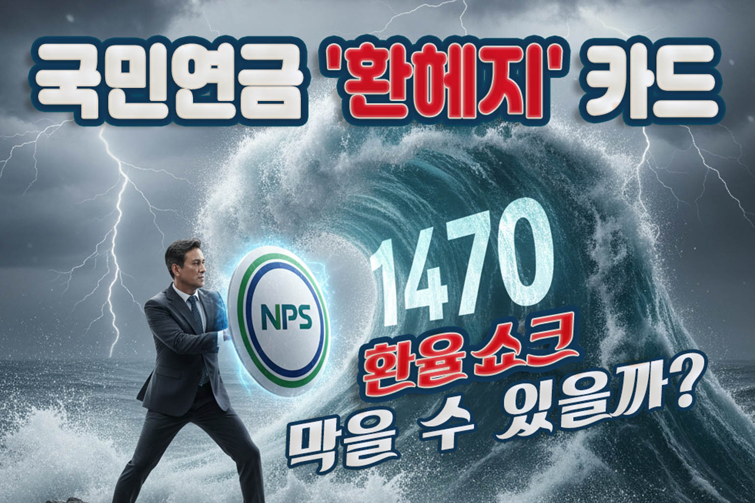 국민연금(NPS) 로고 방패를 든 사람이 1470원대 환율 쇼크의 거대한 파도를 막으려는 모습의 긴급 이미지.