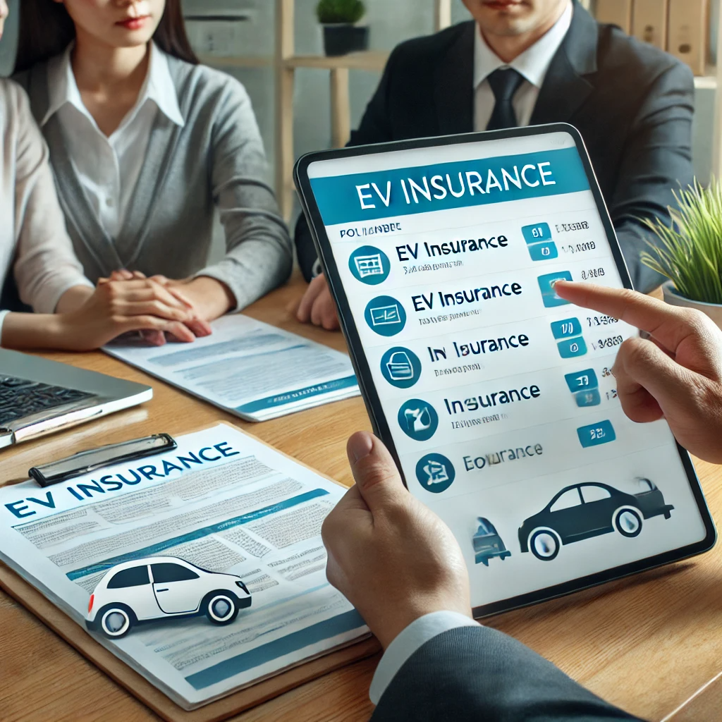 보험 설계사가 책상에서 전기차 보험 정책을 한 쌍에게 설명하고 있으며, 태블릿에 보험 옵션이 표시되어 디지털 보험 관리의 편리함을 강조한다.