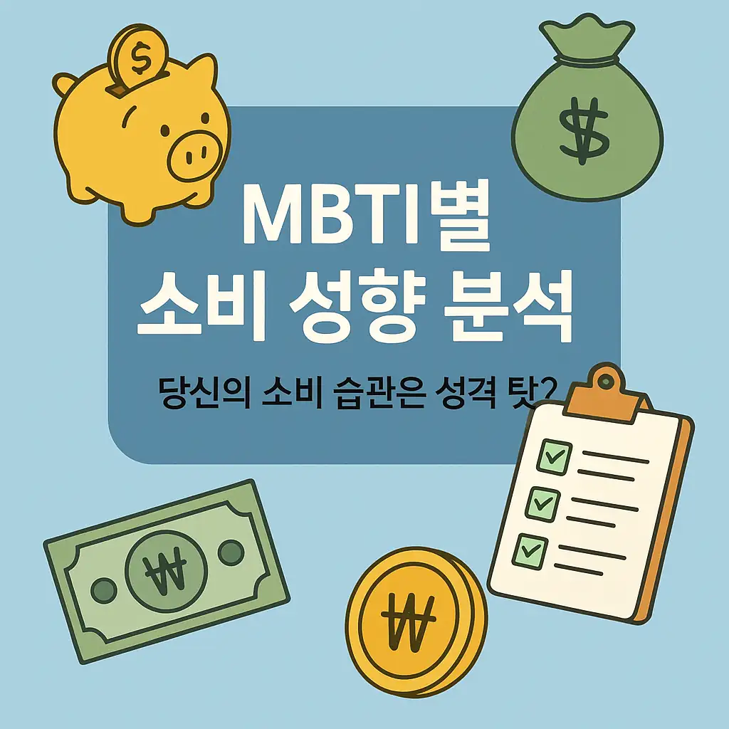 MBTI별 소비 성향 분석 썸네일 이미지 - 돼지 저금통, 지폐, 체크리스트, 돈 주머니가 포함된 일러스트