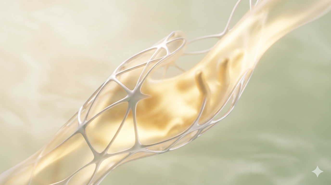 미니멀하고 부드러운 추상 예술 스타일. 무광 화이트 세라믹 메쉬 구조 사이로 투명하고 빛나는 금빛 액체가 스며들며 결합하는 모습. 부드러운 세이지 그린 배경과 자연광 조명. 피규어 03 휴머노이드와 오픈AI 추론 모델의 유기적 합일을 상징함.
