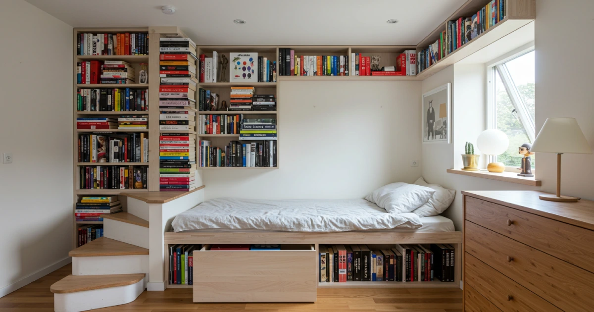 다양한 수납 가구로 꾸민 책이 많은 집의 실용적인 인테리어