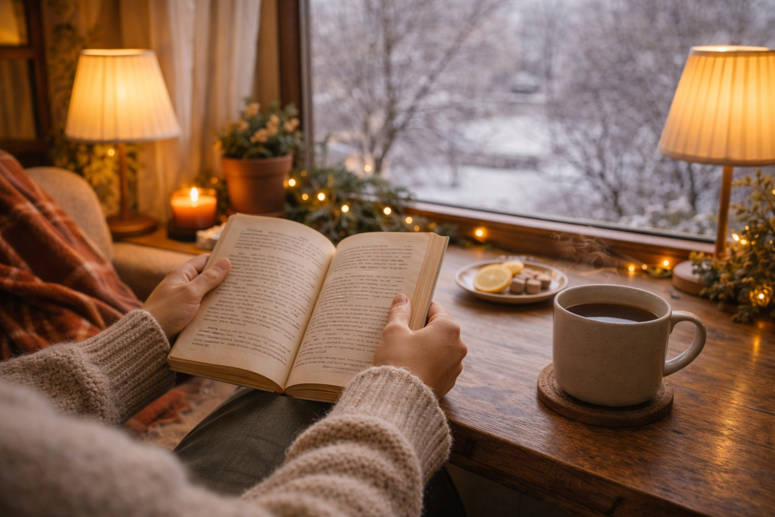 겨울 풍경을 바라보며 따뜻한 실내에서 책과 차를 즐기는 느긋한 오후