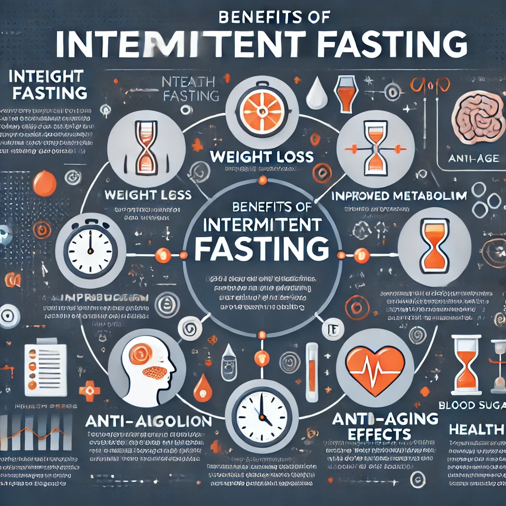 간헐적 단식의 주요이점: 체중감량, 대사개성, 노화방지, 혈당조절등의 효과를 시각적으로 정리