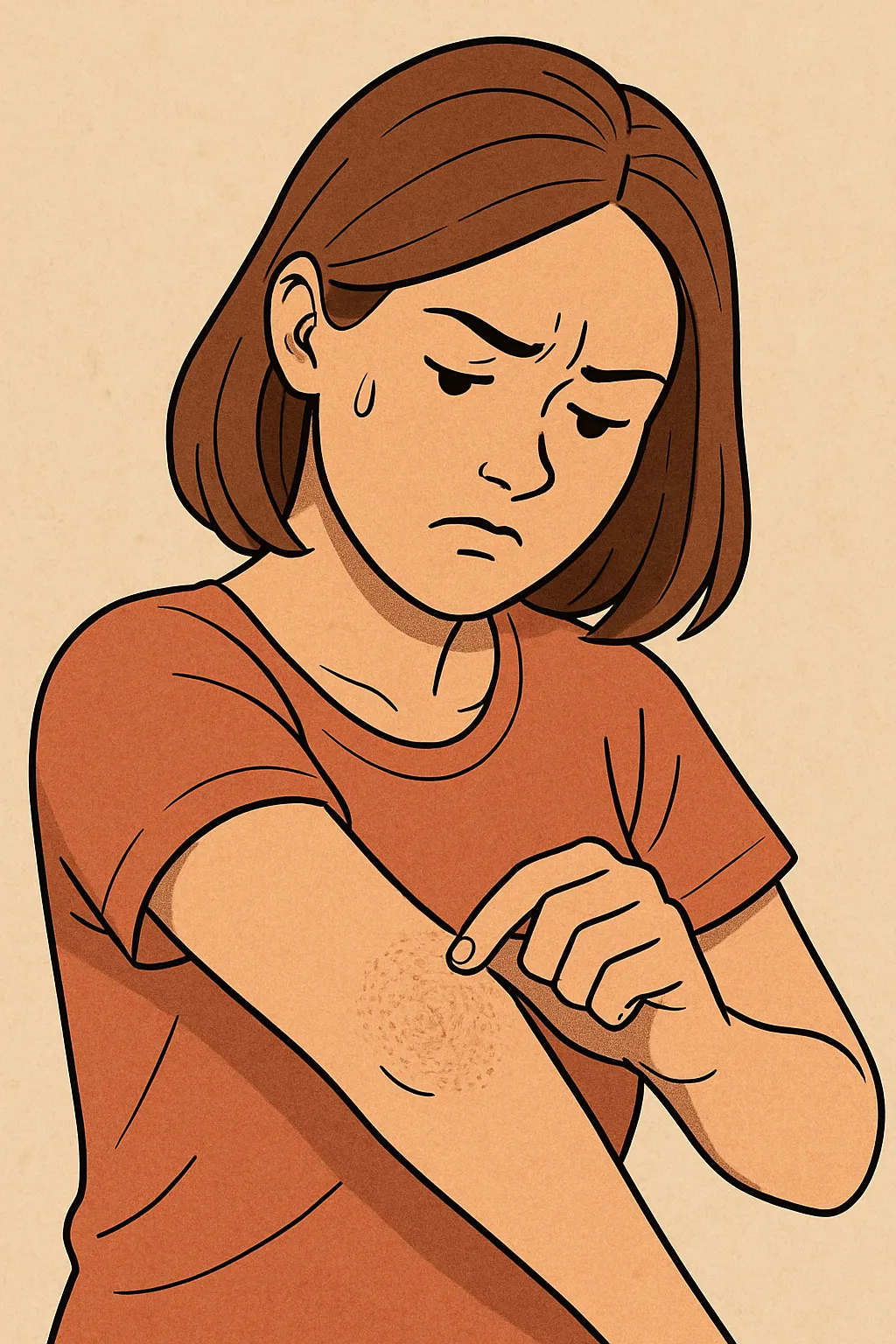 팔꿈치-피부의-거칠어짐을-살펴보는-여성의-표정을-묘사한-일러스트