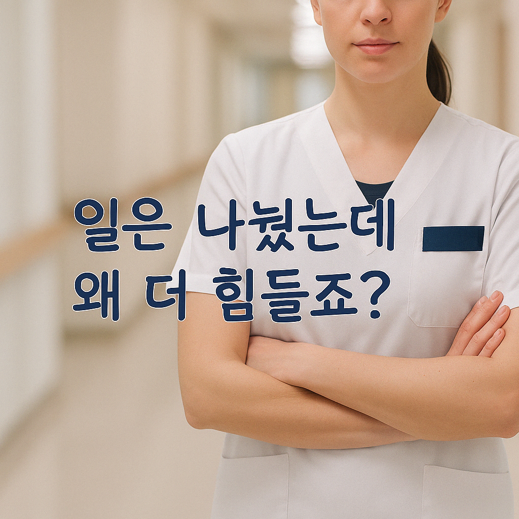 얼굴은 보이지 않는 여자가 간호사 근무복을 입고 팔짱을 끼고 있는 사진에 '일은 나눴는데 왜 더 힘들죠?'라는 문구가 삽입된 사진