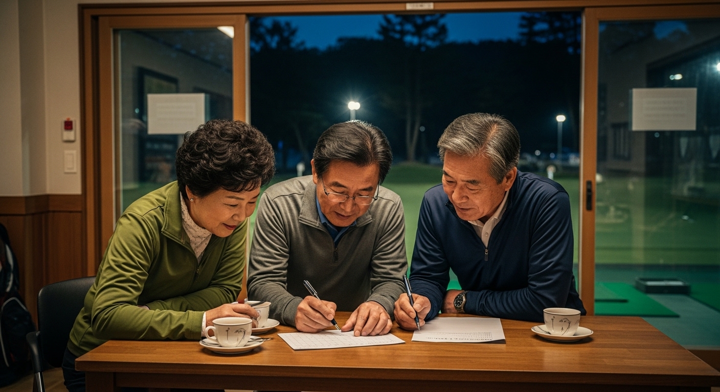 클럽하우스 테이블에서 스코어카드를 보며 담소 나누는 한국 시니어 세 사람